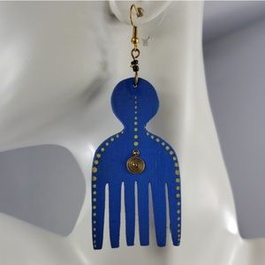 Handmade, Wooden, Hair Pick, Hook Earrings, Blue